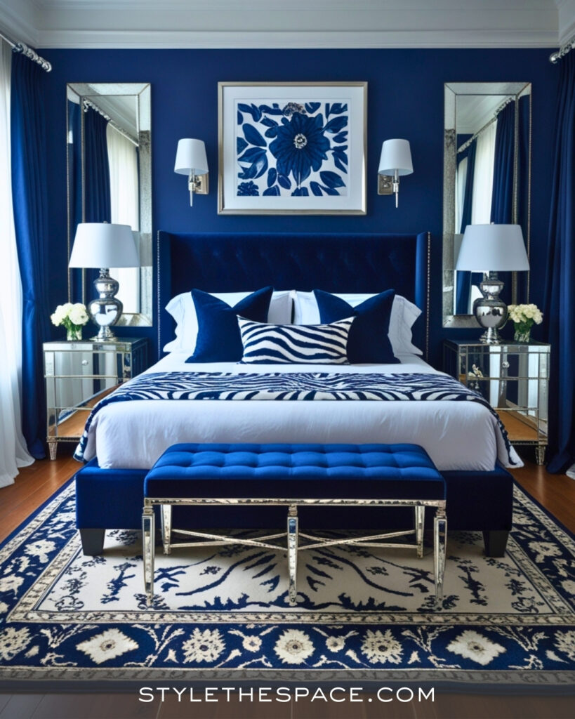 Zebra Print Bedroom With Deep Navy Blue