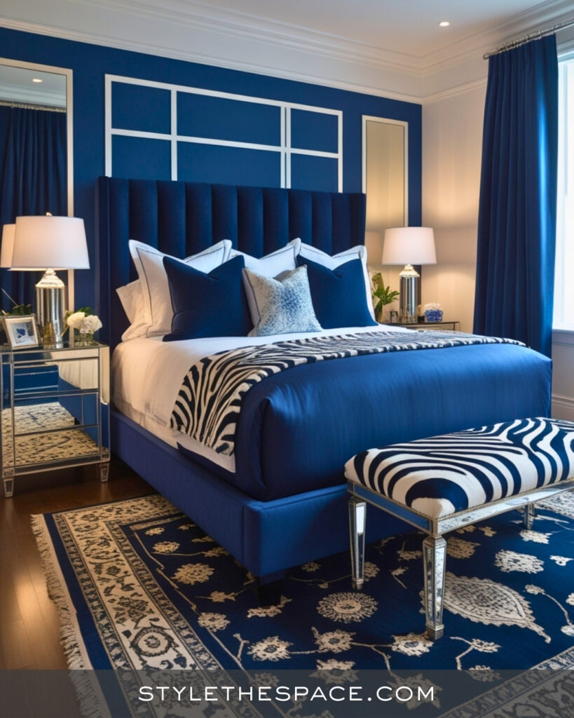 Zebra Print Bedroom With Deep Navy Blue