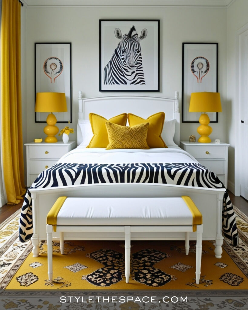 Zebra Print Bedroom With Mustard Yellow Accents