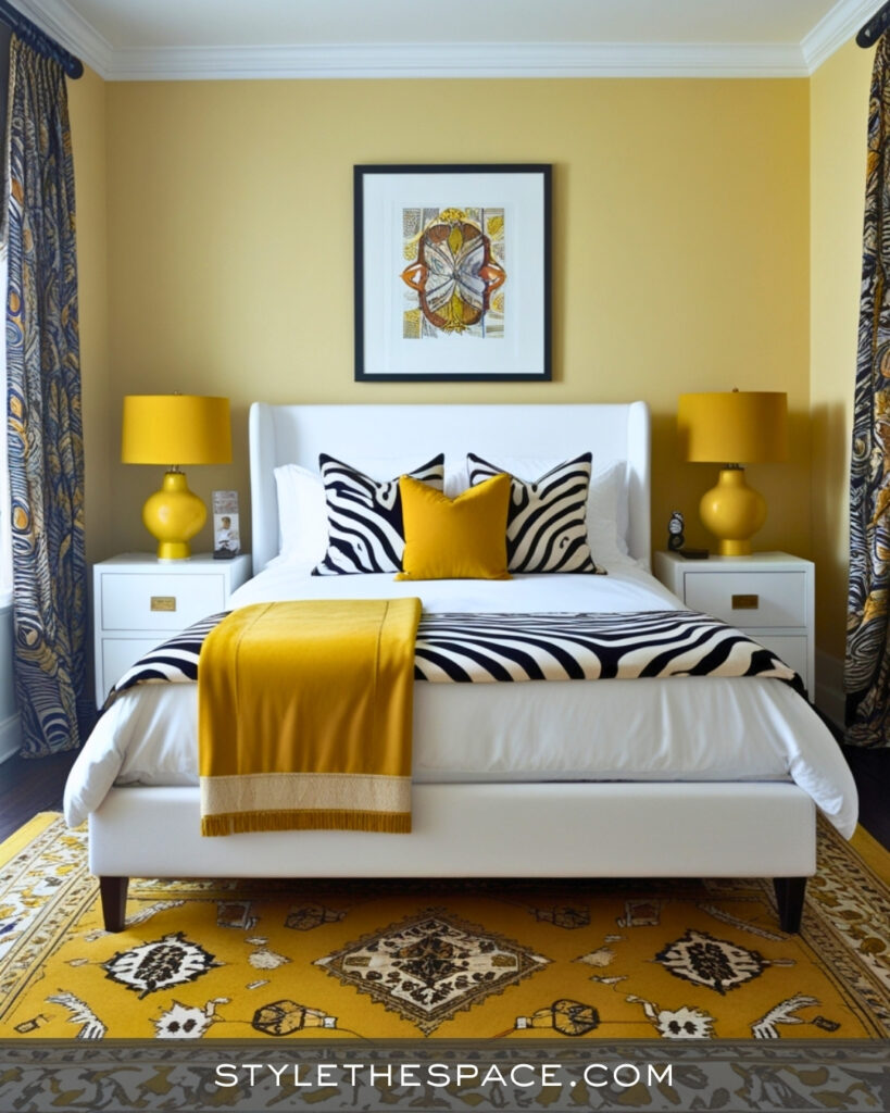 Zebra Print Bedroom With Mustard Yellow Accents