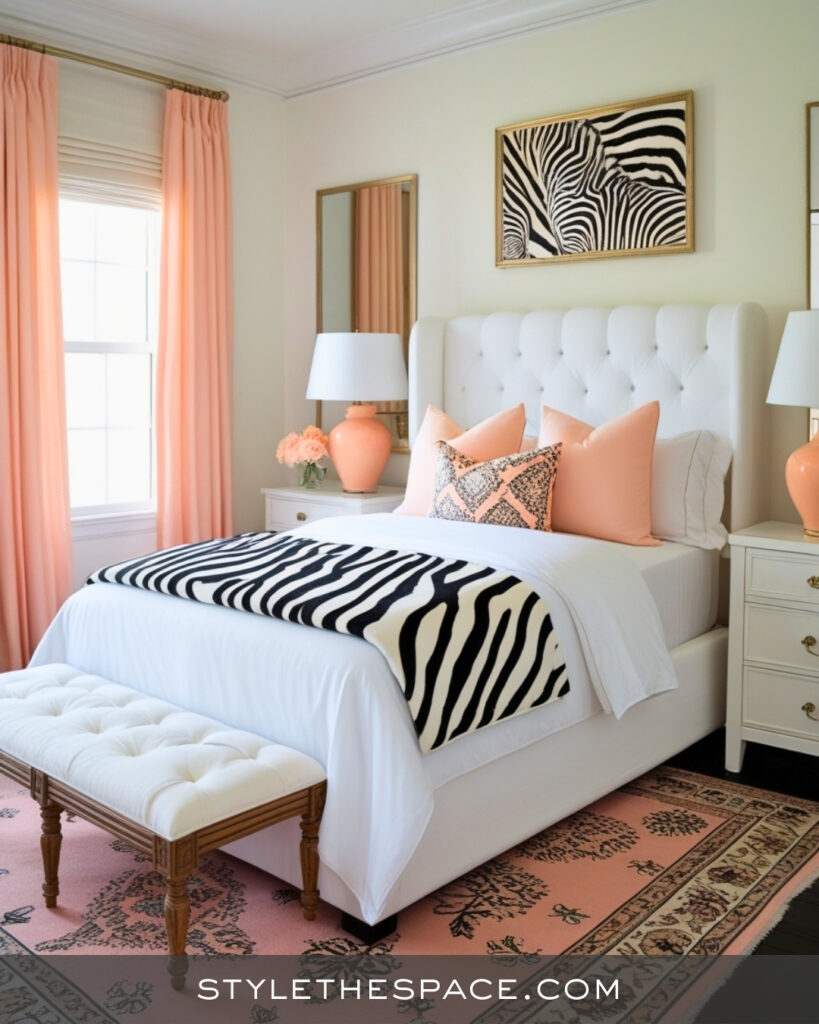 Zebra Print Bedroom With Soft Peach and White