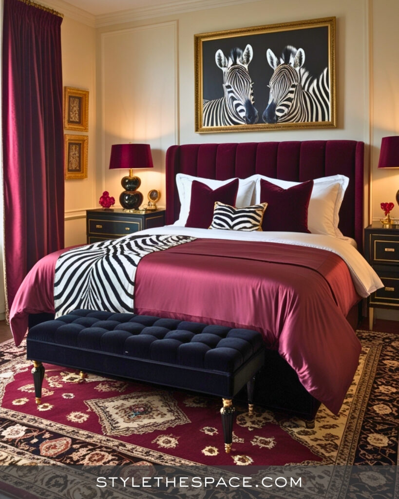 Zebra Print Bedroom With Deep Burgundy and Gold