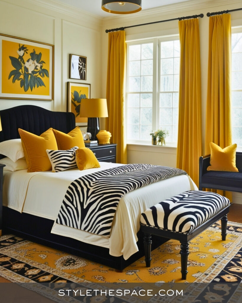 Zebra Print Bedroom With Mustard Yellow Accents