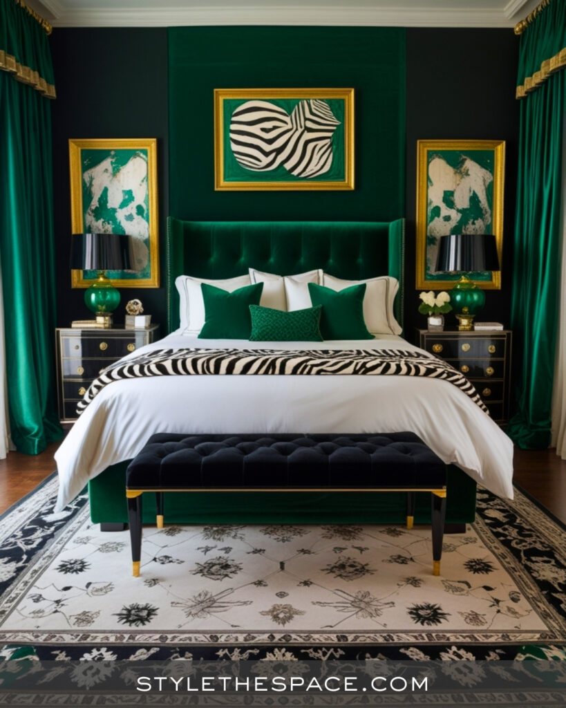 Zebra Print Bedroom With Emerald Green Accents