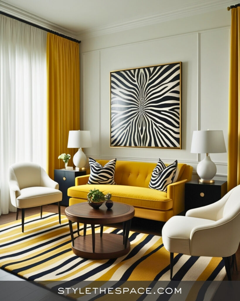 Mustard Yellow Zebra Print Living Room with Graphic Contrast