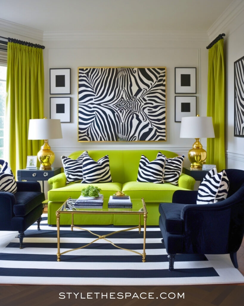 Bold Green Zebra Print Living Room with Graphic Impact