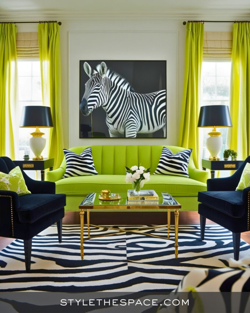 Bold Green Zebra Print Living Room with Graphic Impact