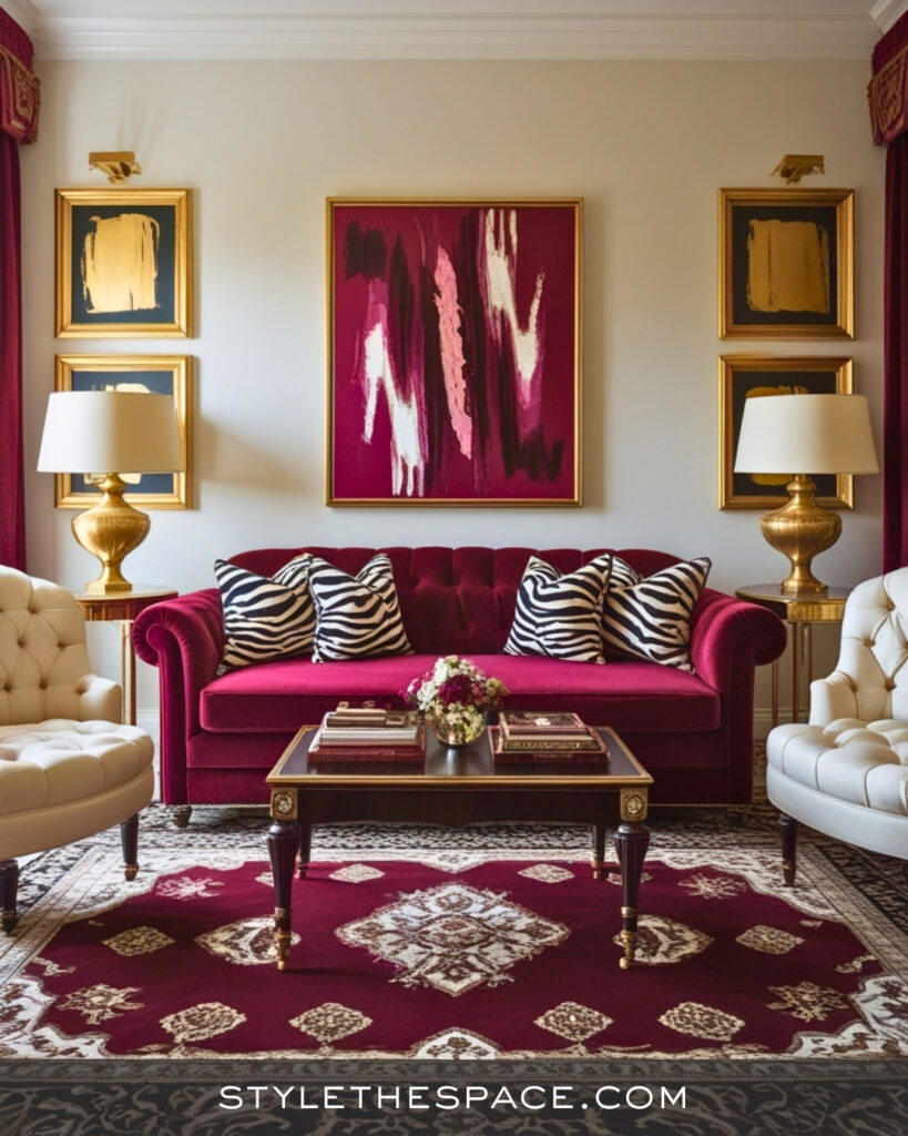 Burgundy Zebra Print Living Room with Classic Glamour