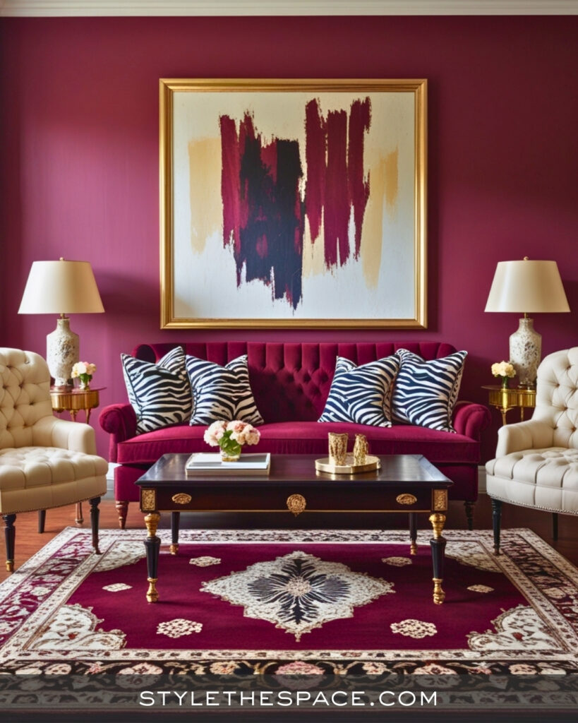 Burgundy Zebra Print Living Room with Classic Glamour