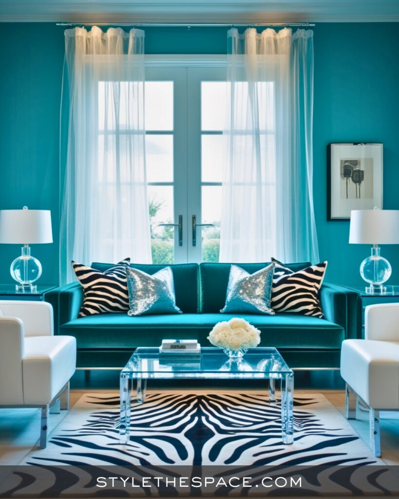 Teal Zebra Print Living Room with Modern Glam Style