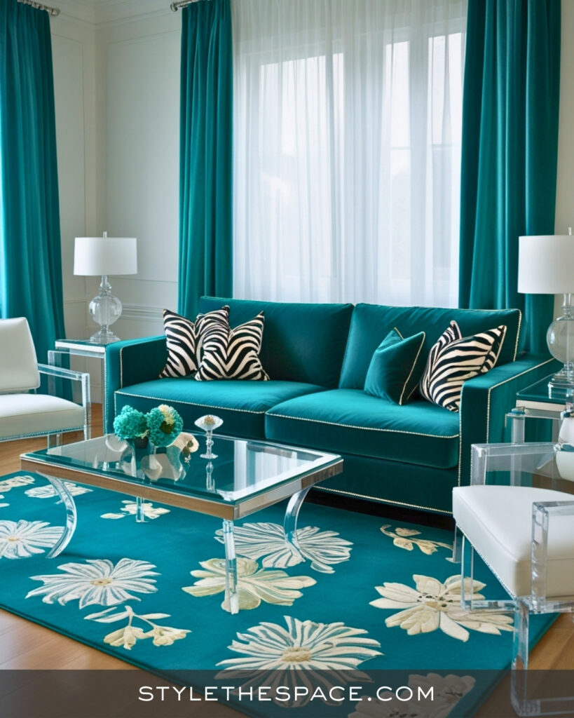 Teal Zebra Print Living Room with Modern Glam Style