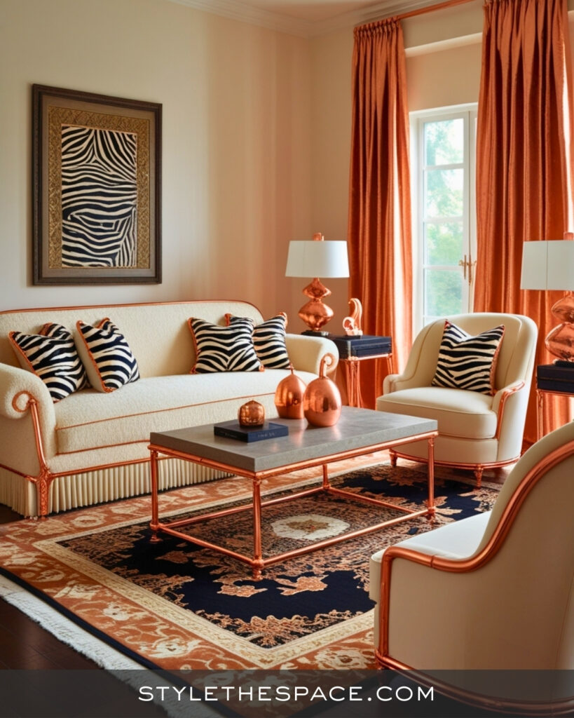 Cream and Copper Zebra Print Living Room with Warm Elegance