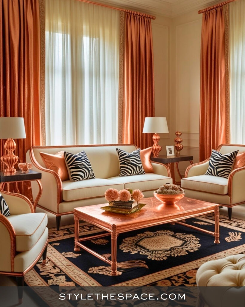 Cream and Copper Zebra Print Living Room with Warm Elegance