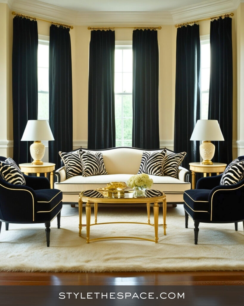 Elegant Black and White Zebra Print Living Room with Gold Accents