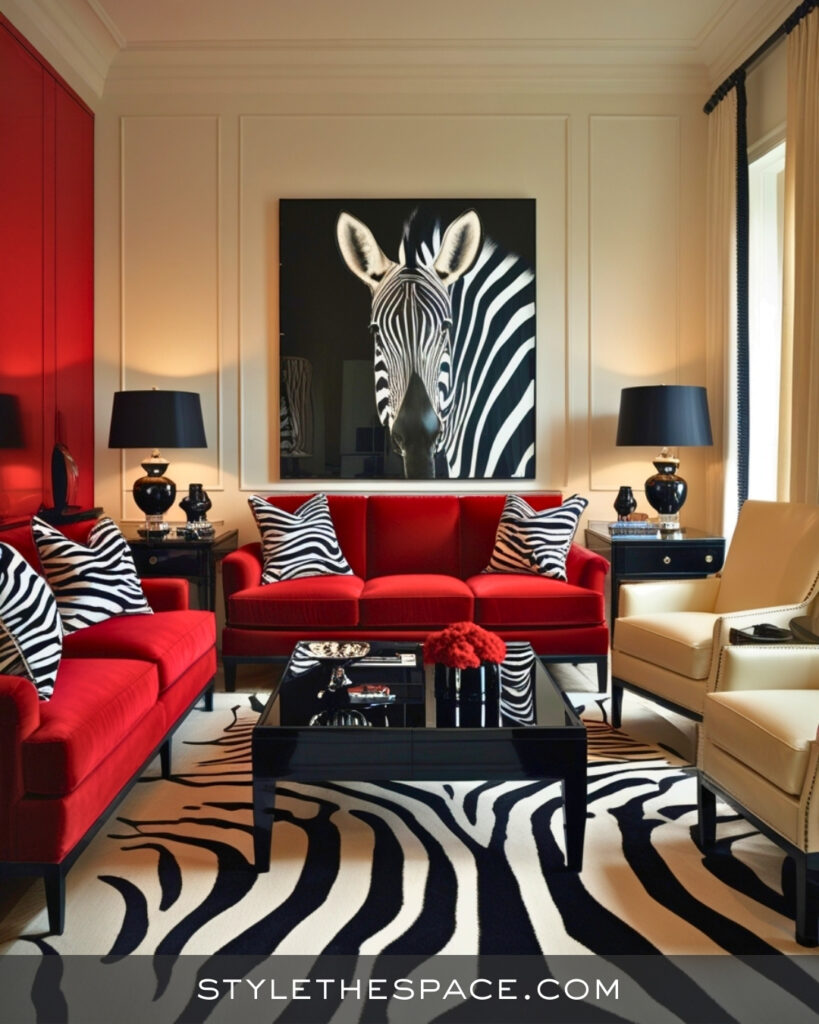 Red and Black Zebra Print Living Room with Bold Contrast