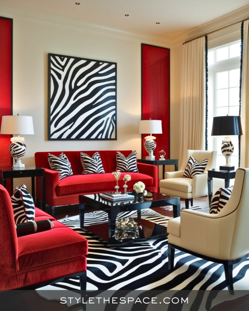 Red and Black Zebra Print Living Room with Bold Contrast