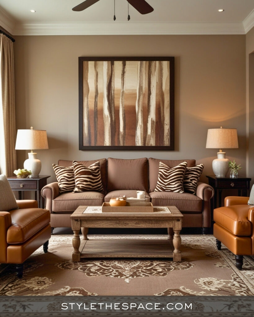 Warm Brown Zebra Print Living Room with Cozy Classic Style