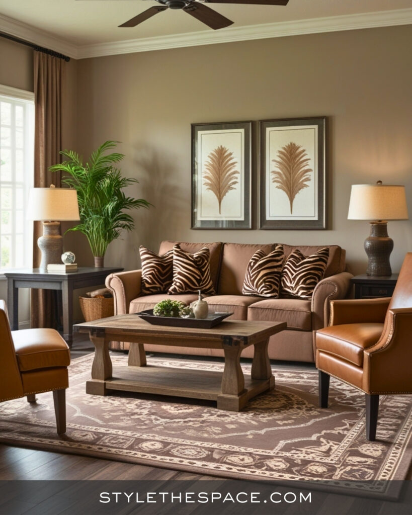 Warm Brown Zebra Print Living Room with Cozy Classic Style