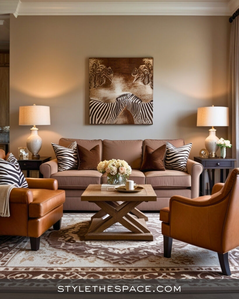 Warm Brown Zebra Print Living Room with Cozy Classic Style