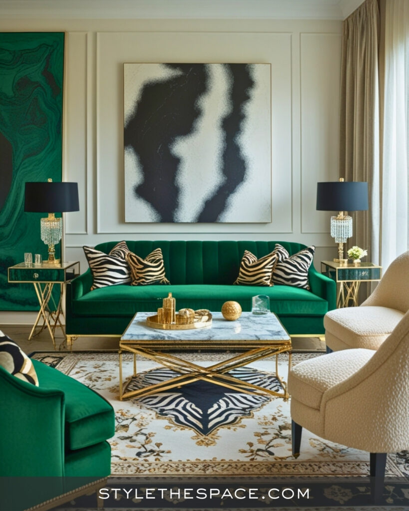 Emerald Green Zebra Print Living Room with Statement Art