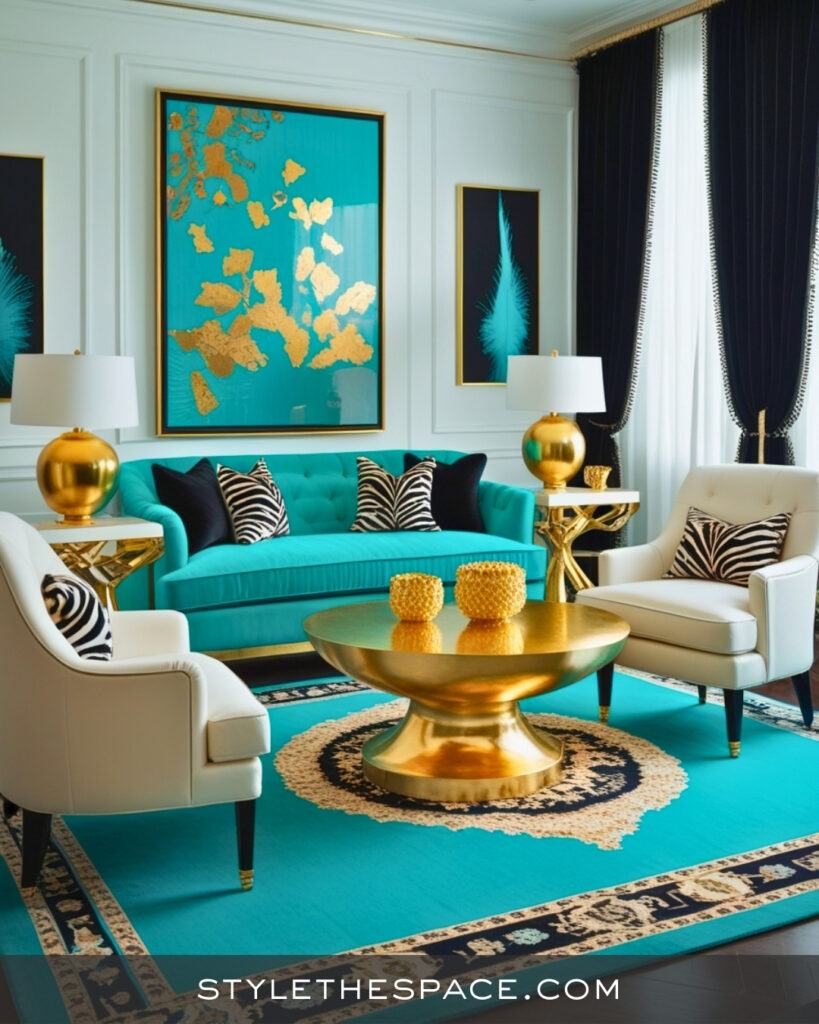 Teal and Gold Zebra Print Living Room with Luxe Contrast