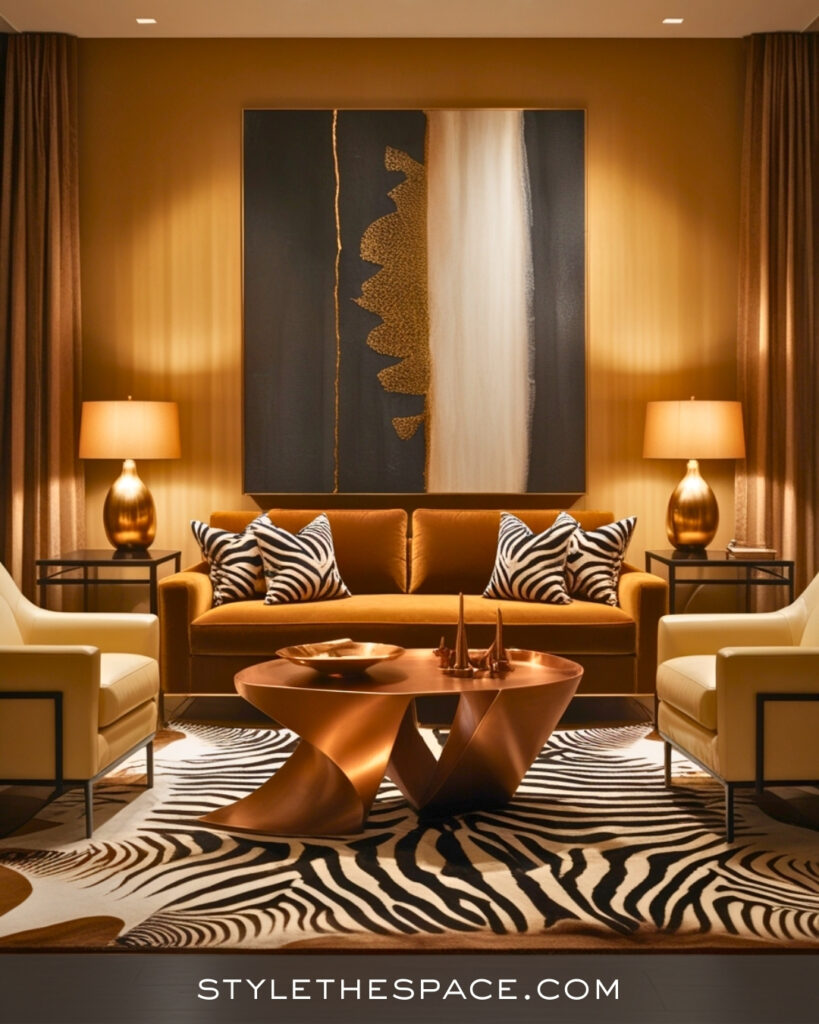 Caramel and Copper Zebra Print Living Room with Modern Warmth