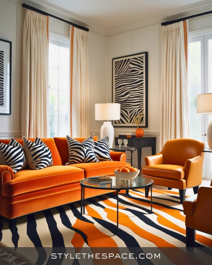 Burnt Orange Zebra Print Living Room with Retro Warmth