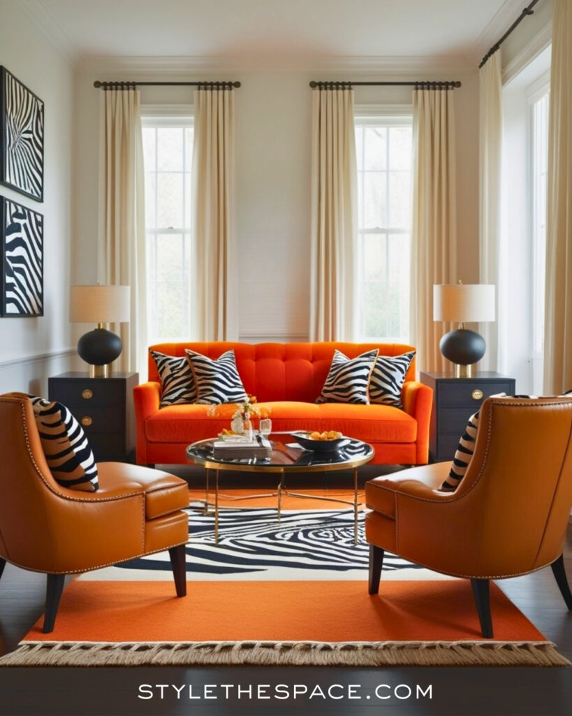 Burnt Orange Zebra Print Living Room with Retro Warmth