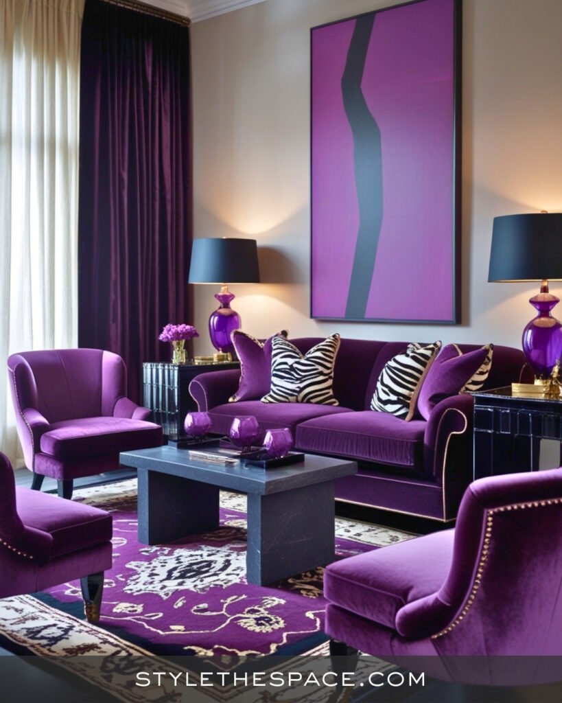 Purple Zebra Print Living Room with Moody Glam Style