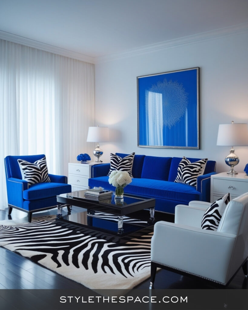 Cobalt Blue Zebra Print Living Room with Crisp Modern Style