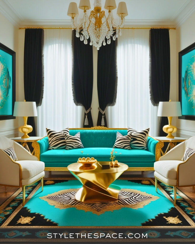 Teal and Gold Zebra Print Living Room with Luxe Contrast