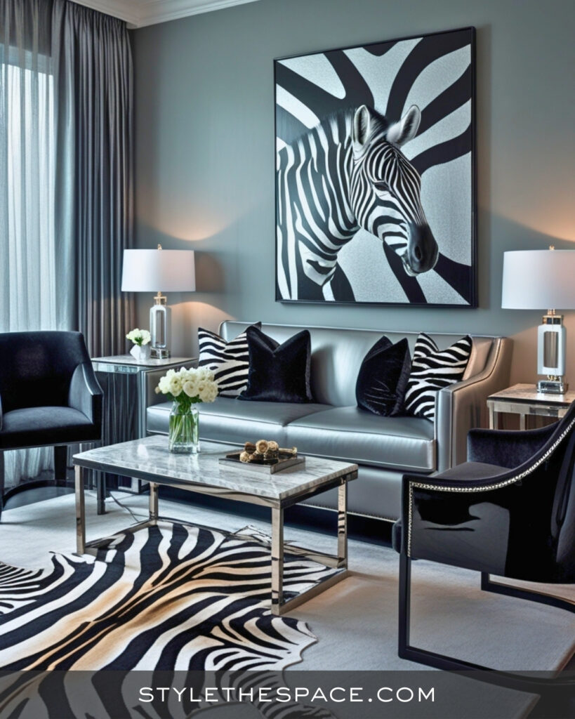 Gray Zebra Print Living Room with Sleek Contemporary Style