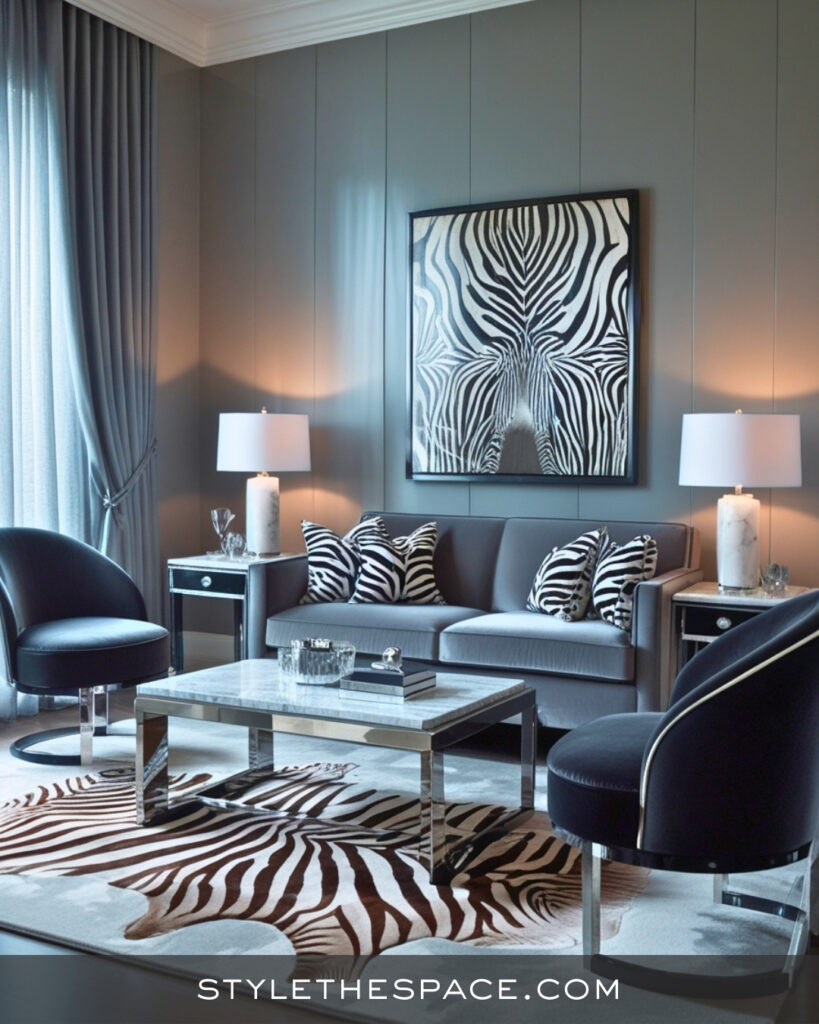 Gray Zebra Print Living Room with Sleek Contemporary Style