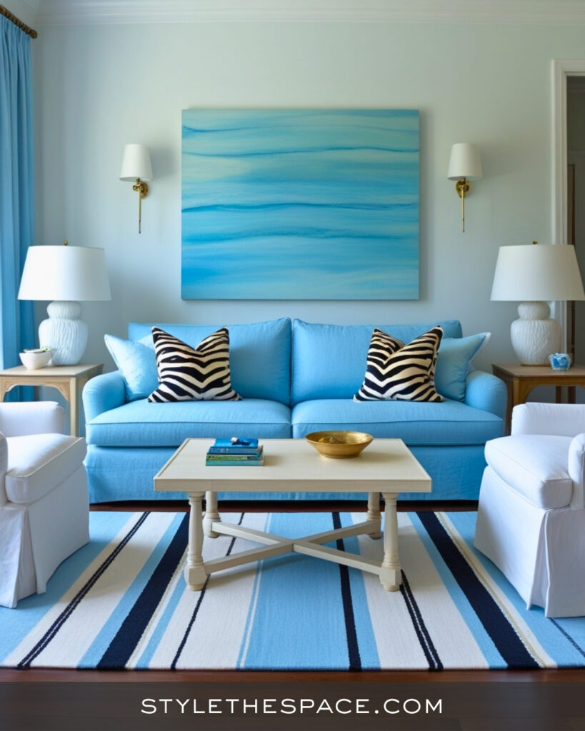 Light Blue Zebra Print Living Room with Fresh Coastal Style
