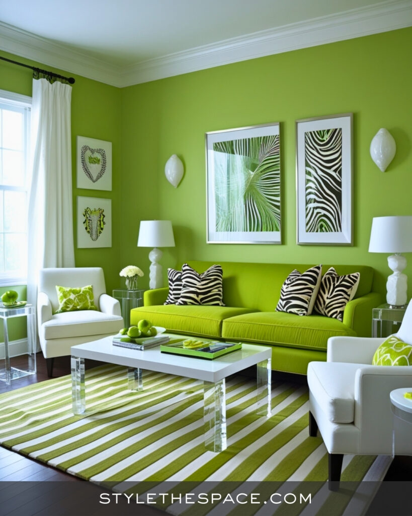 Lime Green Zebra Print Living Room with Fresh Contemporary Style