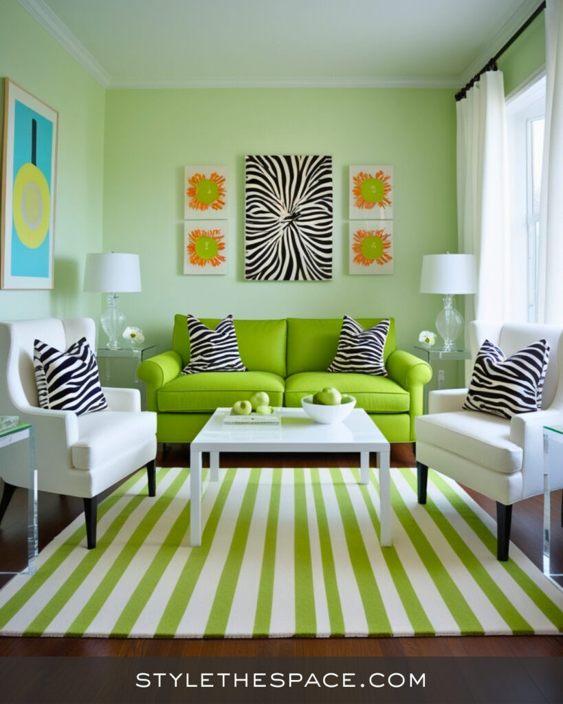 Lime Green Zebra Print Living Room with Fresh Contemporary Style