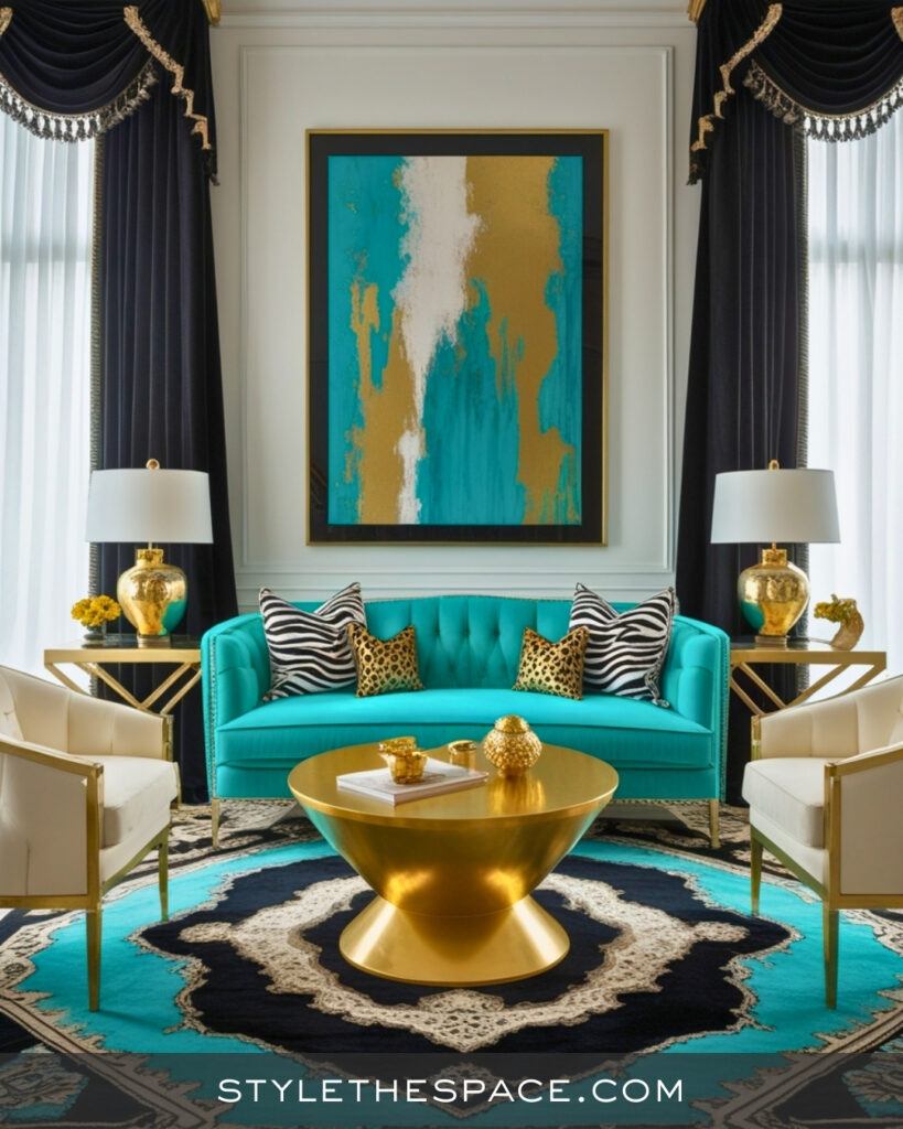Teal and Gold Zebra Print Living Room with Luxe Contrast