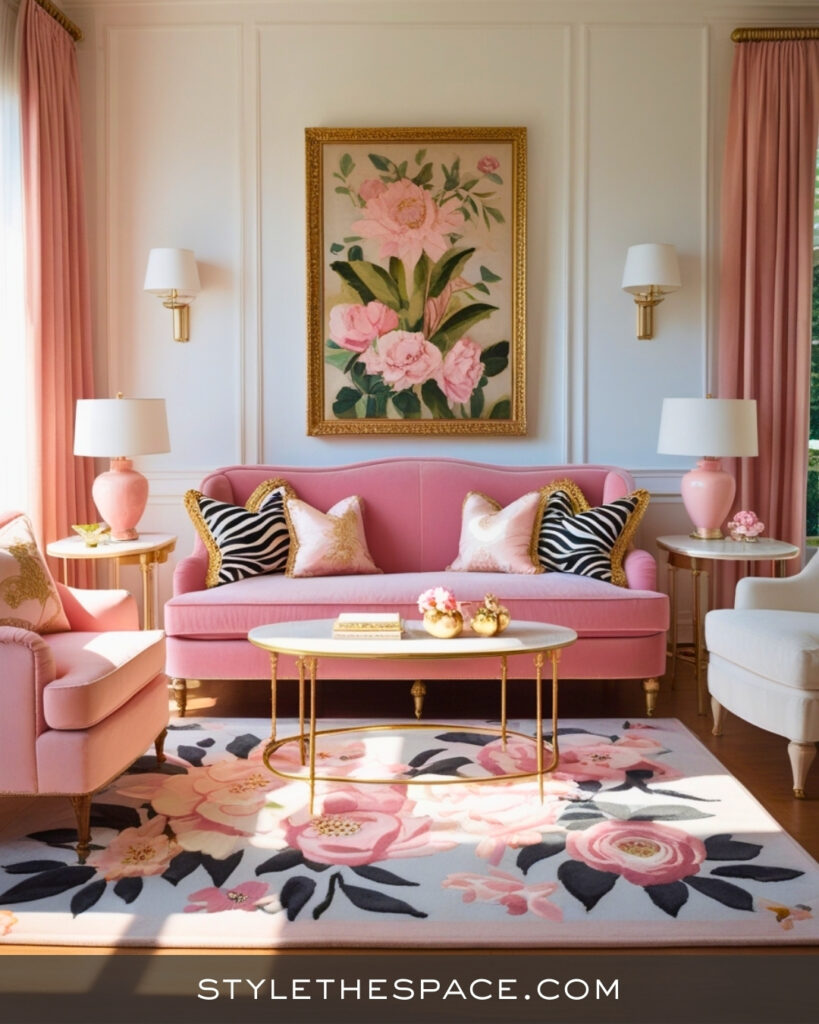 Blush Pink Zebra Print Living Room with Soft Glam Style
