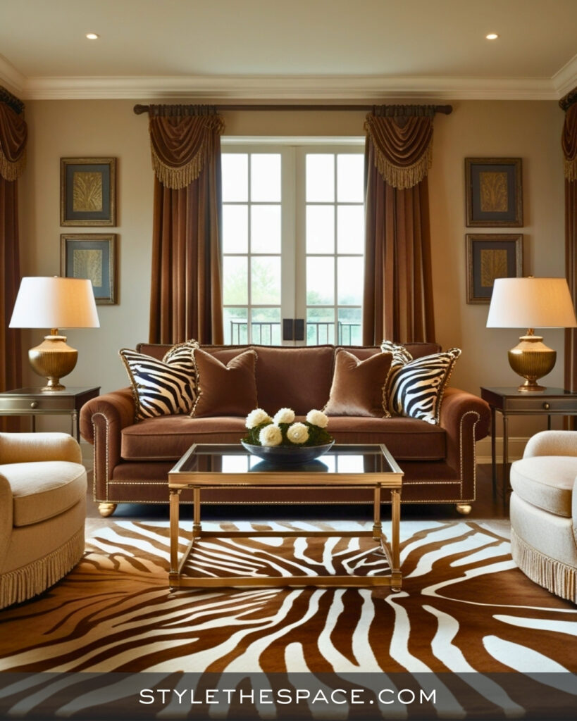 Mocha Brown Zebra Print Living Room with Warm Luxe Style