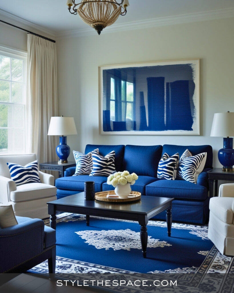Navy Blue Zebra Print Living Room with Classic Coastal Style