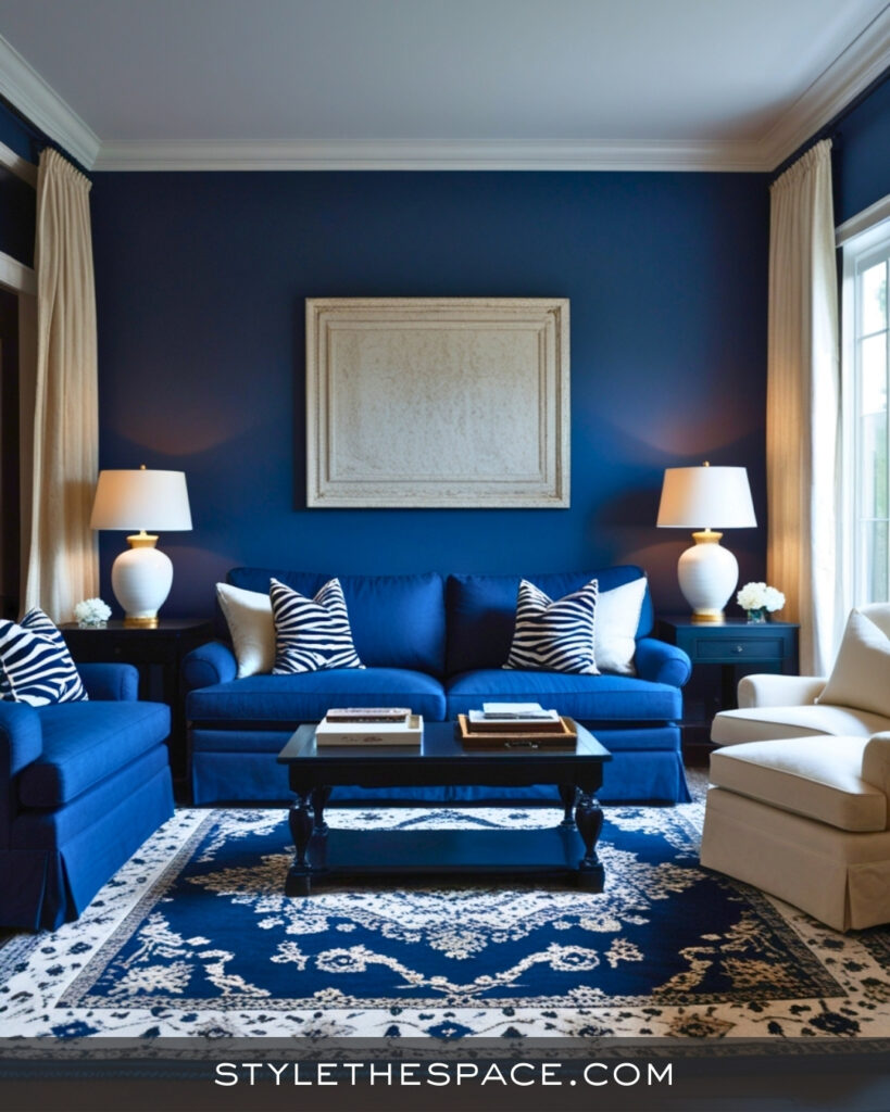 Navy Blue Zebra Print Living Room with Classic Coastal Style