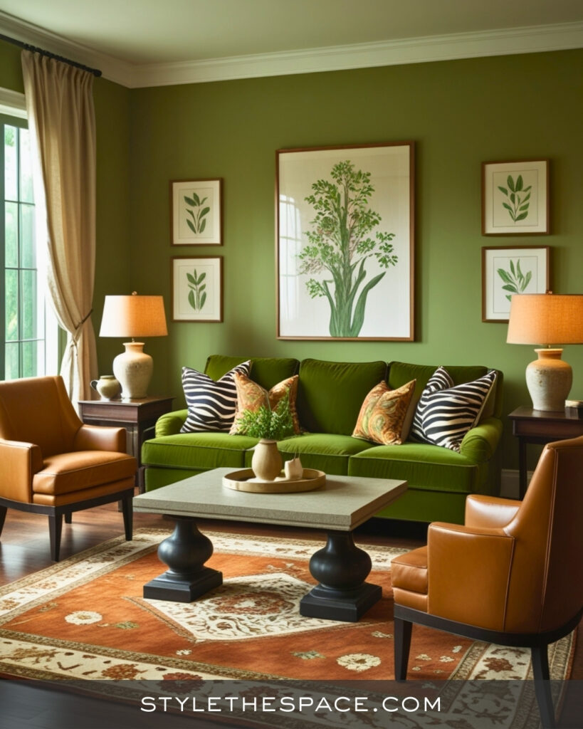 Olive Green Zebra Print Living Room with Earthy Classic Style