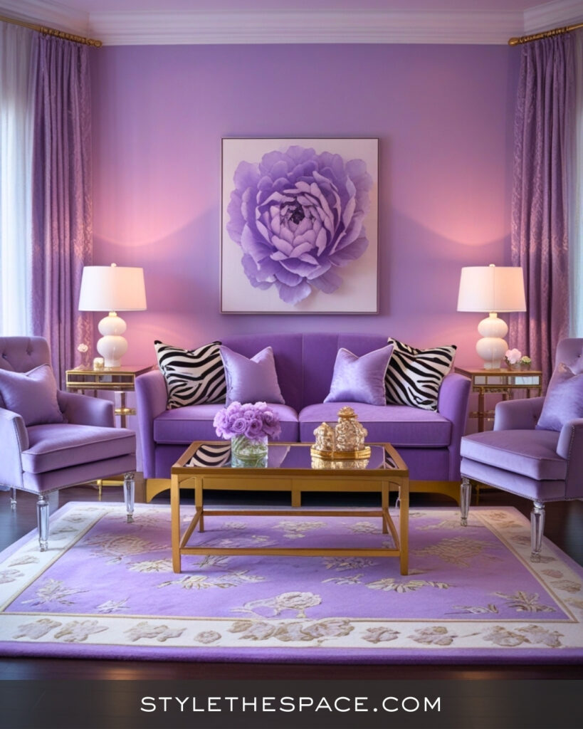 Lavender Zebra Print Living Room with Elegant Glam Style