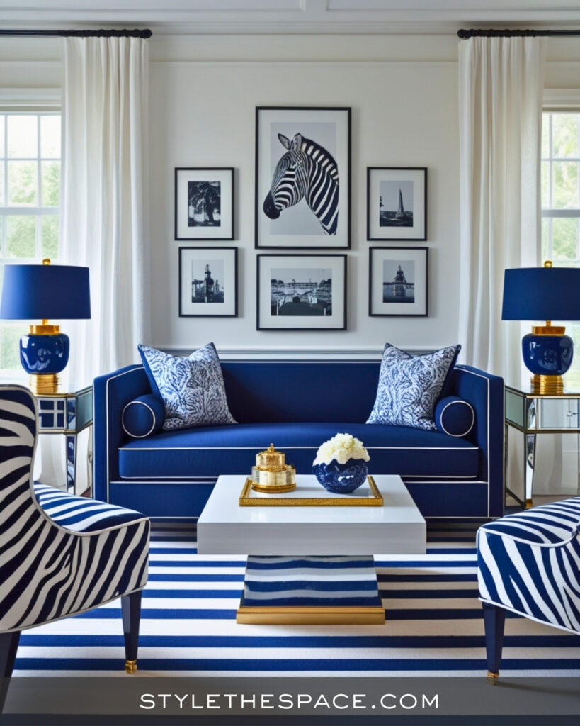 Navy Blue Zebra Print Living Room with Tailored Elegance