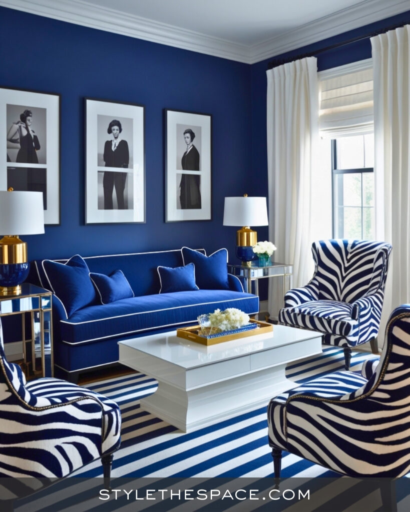Navy Blue Zebra Print Living Room with Tailored Elegance