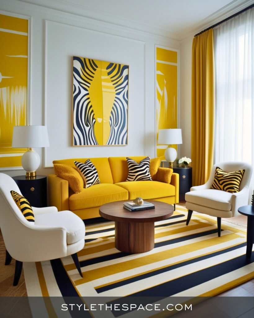 Mustard Yellow Zebra Print Living Room with Graphic Contrast