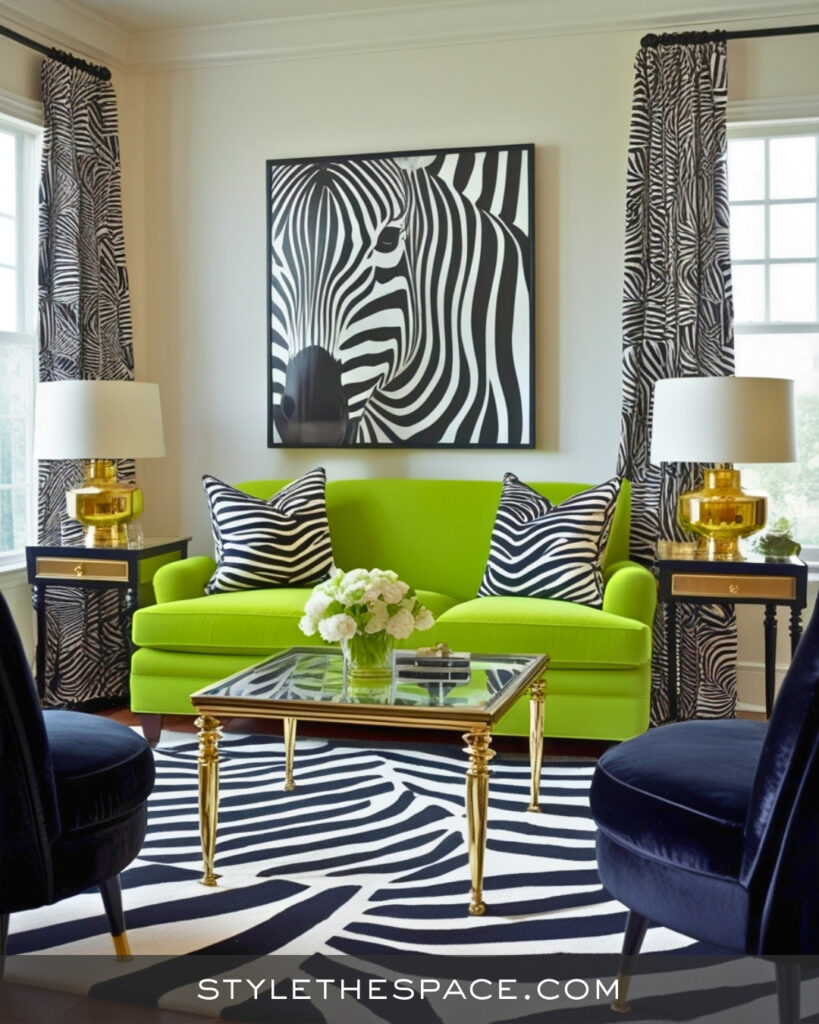 Bold Green Zebra Print Living Room with Graphic Impact
