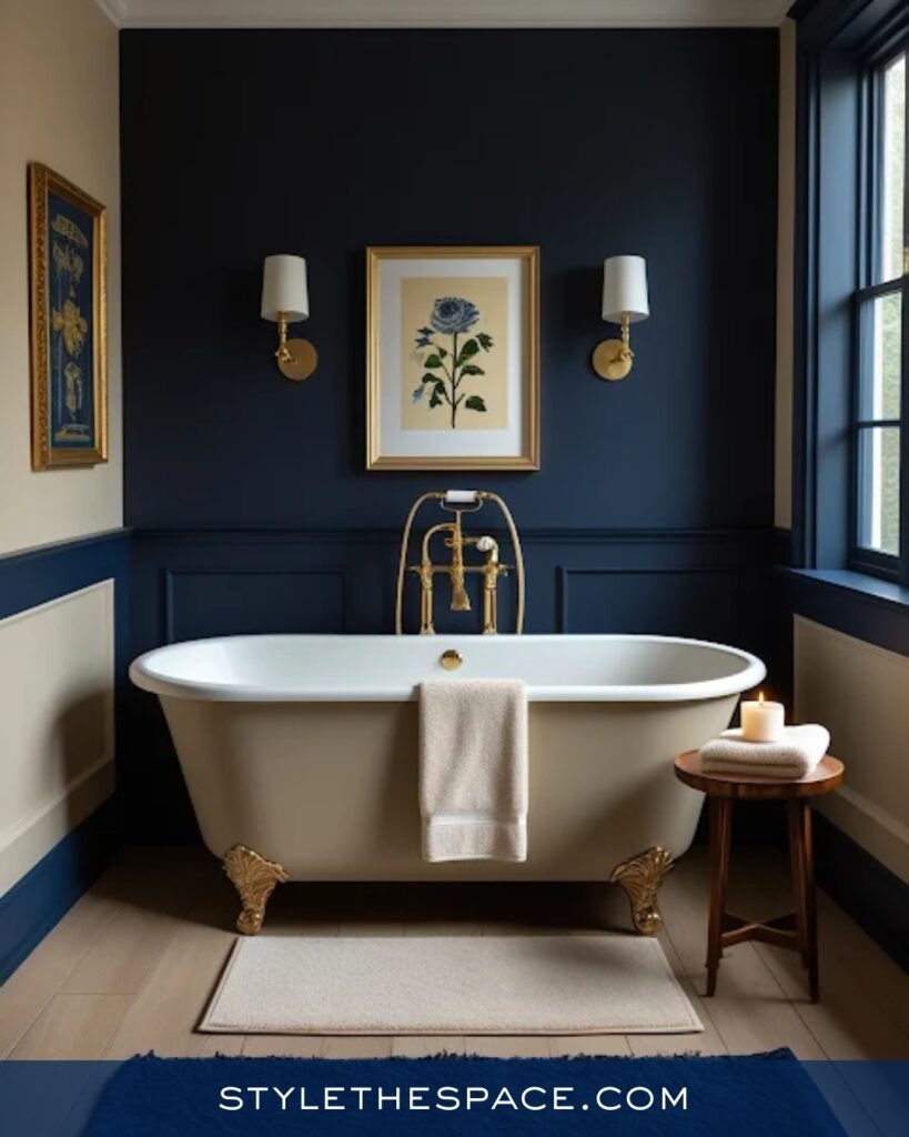 Classic Navy Blue Bathroom With Freestanding Tub