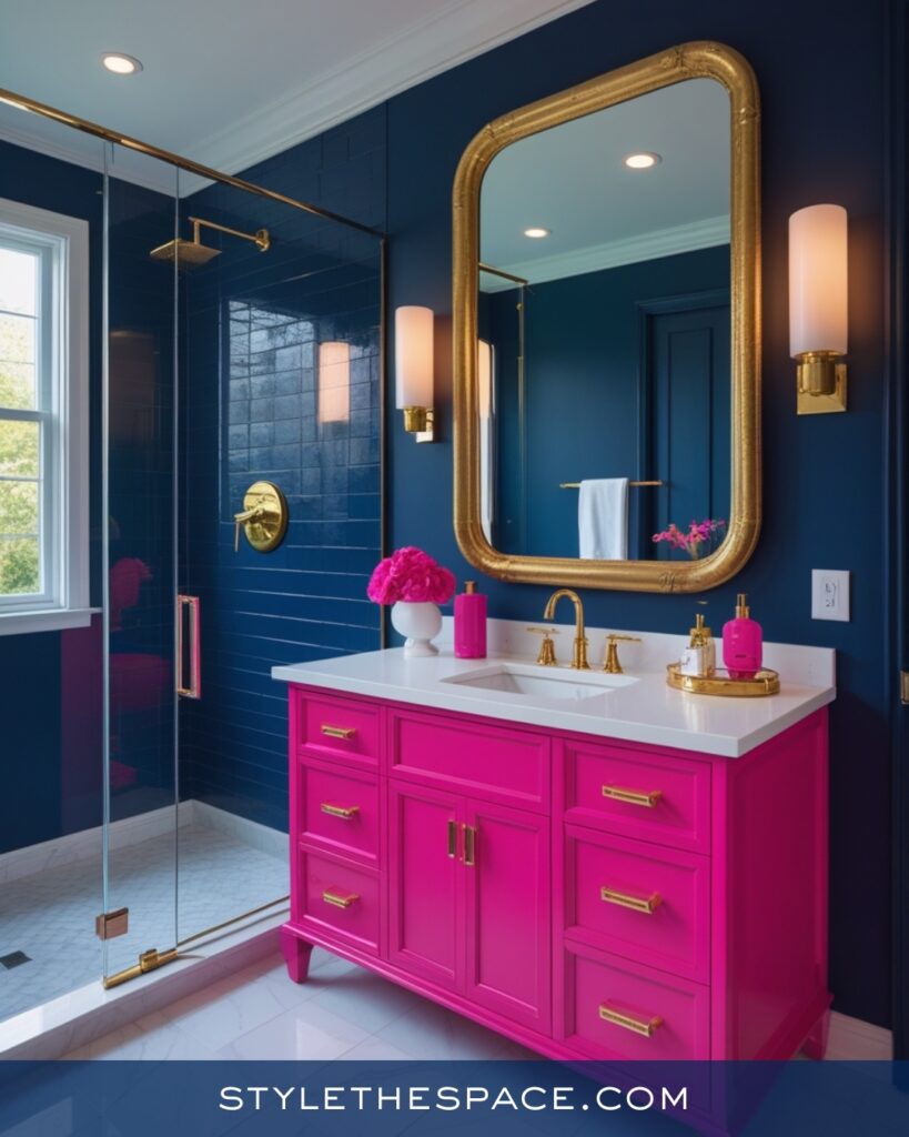 Navy Blue Bathroom With Bold Pink Vanity