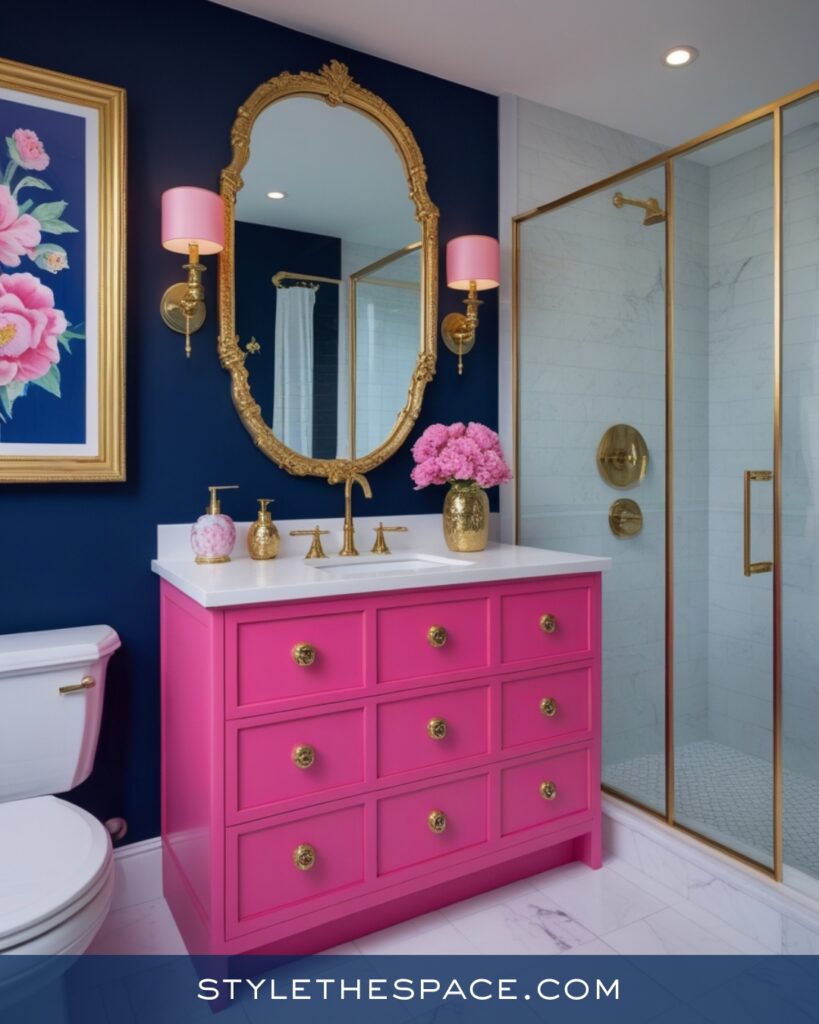 Navy Blue Bathroom With Bold Pink Vanity